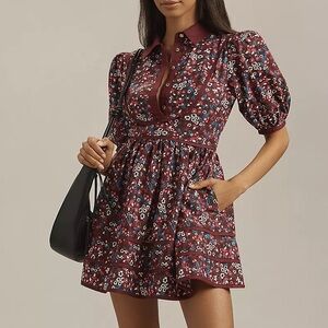 Anthropologie Maeve Puff-Sleeve Collared Mini Dress